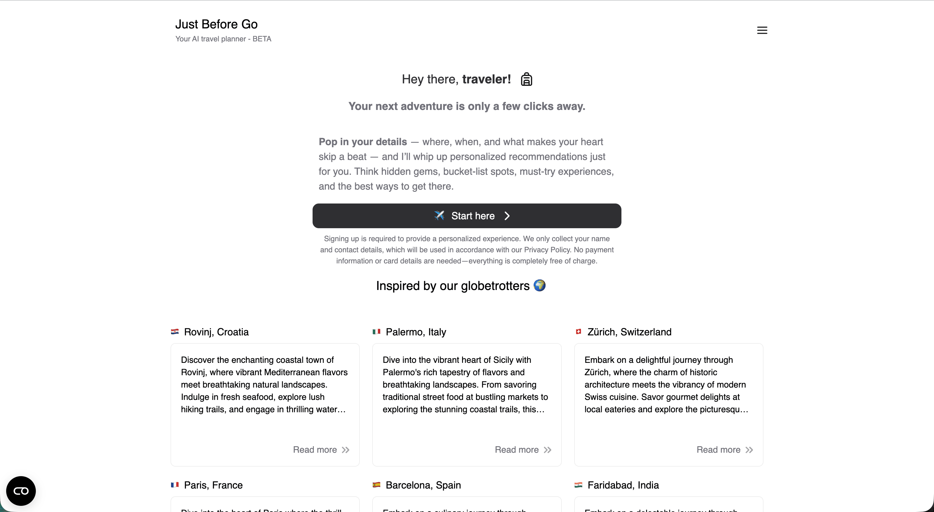 JustBeforeGo travel planner mobile preview