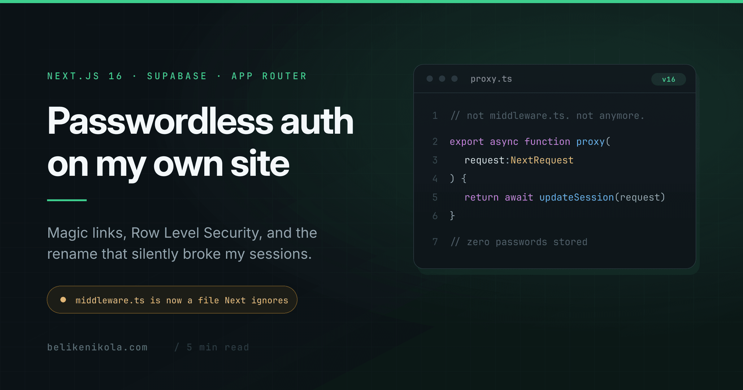 Adding Passwordless Auth to My Own Site with Next.js 16 and Supabase